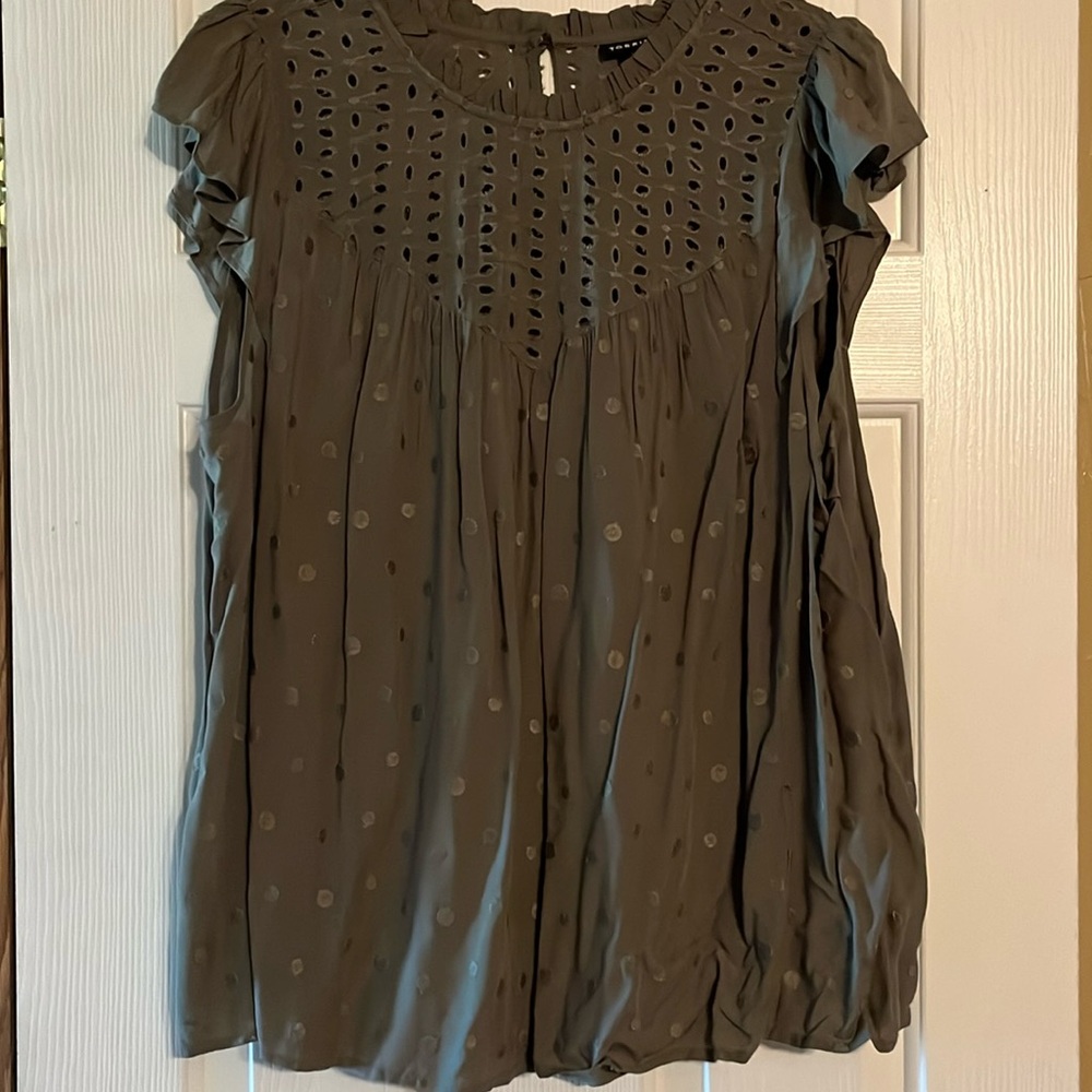 Torrid olive green blouse, ruffled neckline and cap sleeves, embroidered dots.